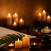 üks spa ortamında masaj masası üzerinde mumlar, sıcak taşlar ve orkide çiçeğiyle hazırlanan şık bir sahne – Pendik Kurtköy Elegance Plus Spa.
