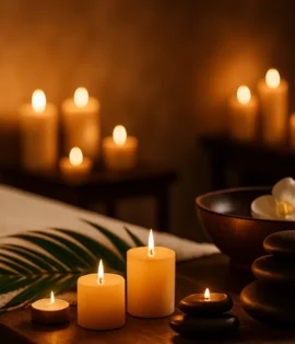 üks spa ortamında masaj masası üzerinde mumlar, sıcak taşlar ve orkide çiçeğiyle hazırlanan şık bir sahne – Pendik Kurtköy Elegance Plus Spa.