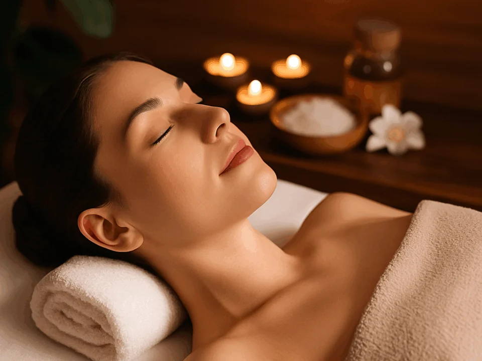 Mevsim geçişlerinde spa terapisiyle rahatlayan genç bir kadın, doğal ve huzurlu bir ortamda dinleniyor.