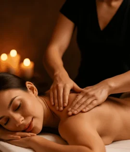 Medikal masaj sırasında sırtına terapi uygulanan kadın, spa ortamında rahatlıyor
