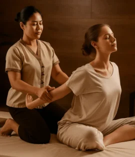 Thai masajı uygulanan ferah spa odasında, doğal ışık altında rahatlayan kişi