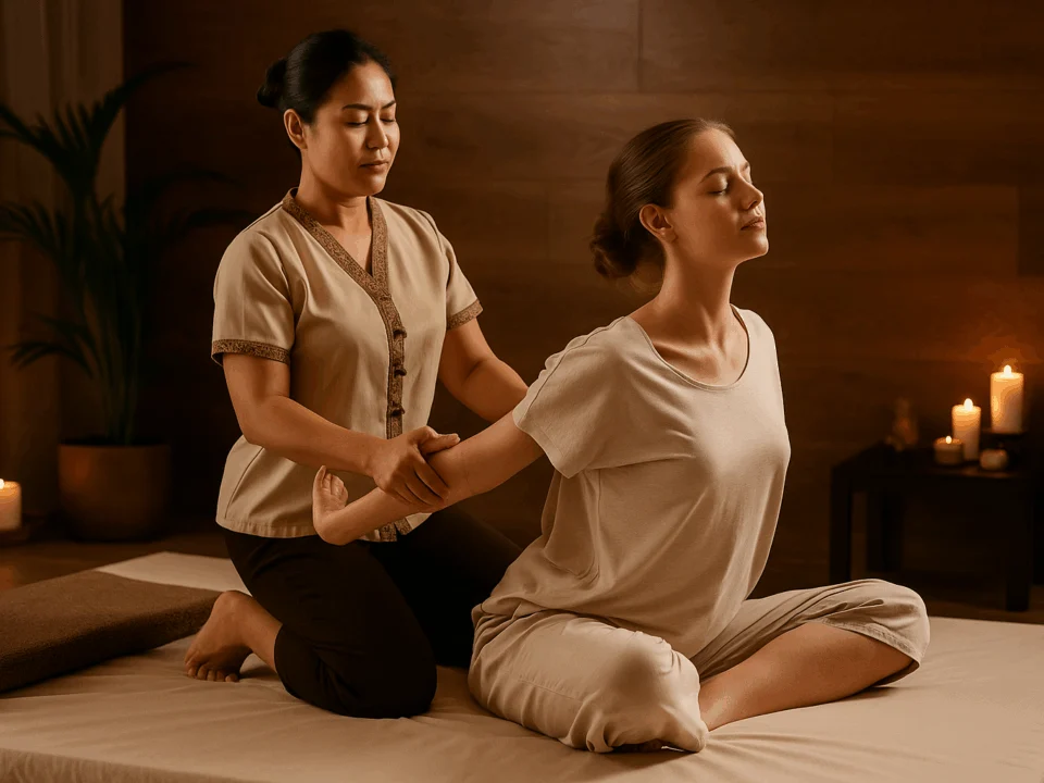 Thai masajı uygulanan ferah spa odasında, doğal ışık altında rahatlayan kişi