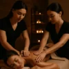 Dört el masajı sırasında iki kadın terapist tarafından eşzamanlı uygulama yapılan kadın danışan, spa ortamında gevşiyor