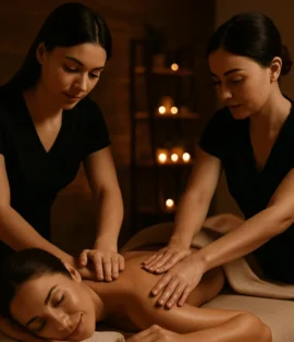 Dört el masajı sırasında iki kadın terapist tarafından eşzamanlı uygulama yapılan kadın danışan, spa ortamında gevşiyor