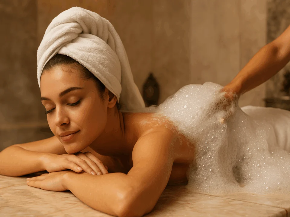 Pendik’te köpük masajı yaptıran kadın spa ortamında rahatlıyor