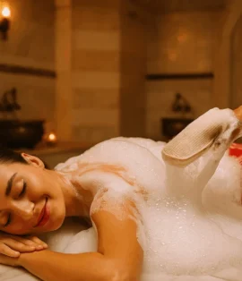 Bu görsel, Pendik’te bulunan Elegance Plus Spa & Wellness’ta uygulanan kese ve köpük masajı hizmetini temsil eder. Geleneksel hamam atmosferinde, uzman terapist eşliğinde uygulanan yoğun köpük masajı ile cilt ölü derilerden arındırılırken, kaslar da rahatlatılır. Spa’nın sıcak ve lüks ortamı, hem zihinsel hem fiziksel arınmayı destekler.