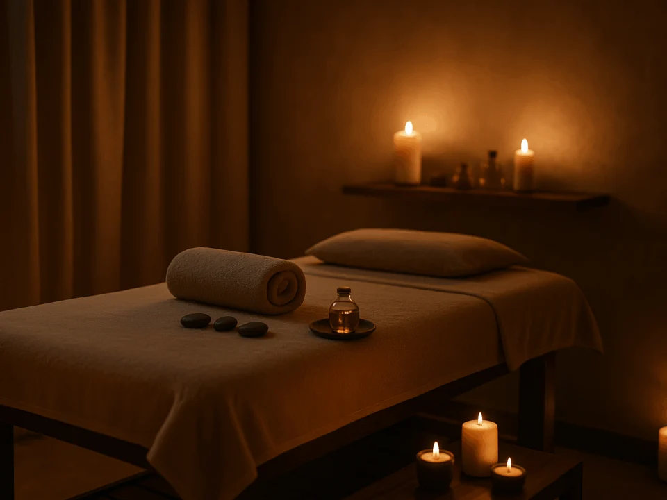 Loş ışıklı spa odasında masaj masası, mum ışığı ve aromaterapi aksesuarları