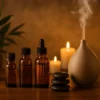 Spa odasında aromaterapi yağları, difüzör ve doğal taşlarla oluşturulmuş estetik bir masaj atmosferi