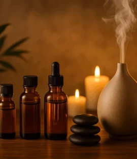 Spa odasında aromaterapi yağları, difüzör ve doğal taşlarla oluşturulmuş estetik bir masaj atmosferi
