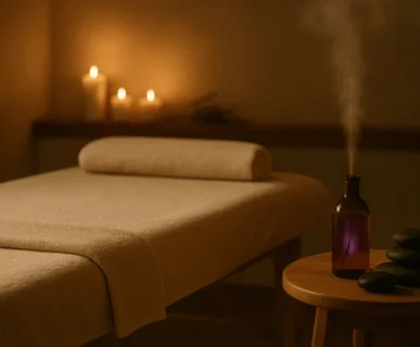Loş ışıklı spa odasında lavanta yağı, sıcak taşlar ve masaj masasıyla huzurlu bir baş ağrısı masaj ambiyansı