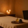 Laptop ve lavanta yağıyla hazırlanmış spa masaj ortamı, bilgisayar sonrası rahatlama konsepti