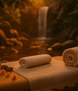 Doğayla iç içe, yaz sıcağında serin bir spa ortamında kurulmuş açık hava masaj alanı