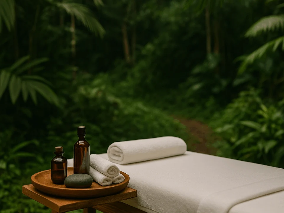 Loş ışıklı spa odasında masaj masası, laptop, lavanta yağı ve taşlarla bilgisayar sonrası masaj ambiyansı
