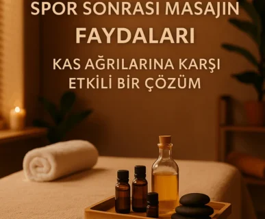 Spor sonrası masaj masası, aromaterapi şişeleri ve rahatlatıcı spa ortamı